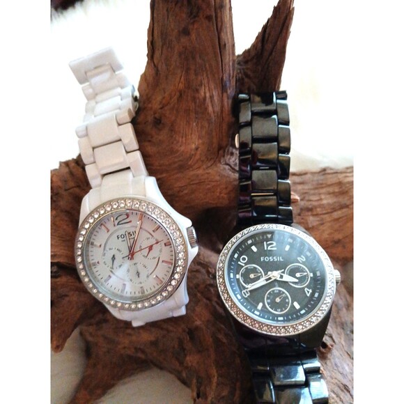 FOSSIL Women's Stainless Steel Rhinestone Face Lot of 2 Watches White/Black - Picture 1 of 8